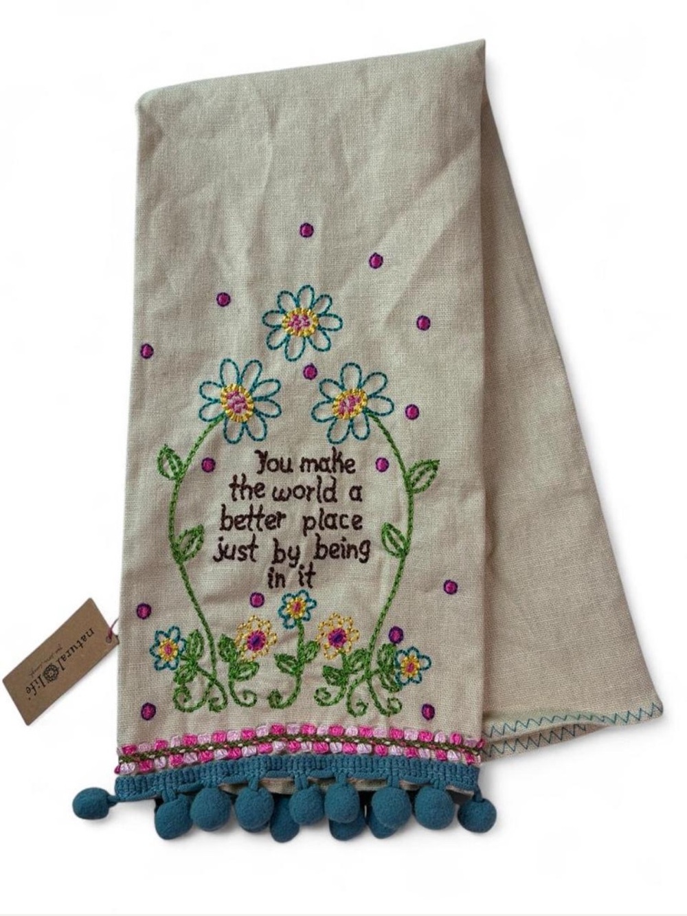 Natural Life Embroidered Linen Tea Towel with Pompom Trim Floral Cheerful NWT